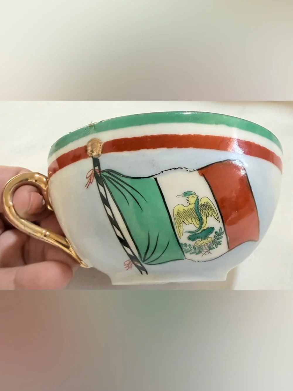Vintage Porcelain Tea Cup Mexican Flag Design  Rare Historical Souvenir